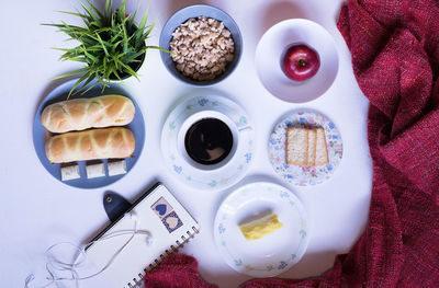 High angle view of breakfast on table