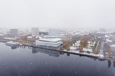 High angle view of winter cityscape