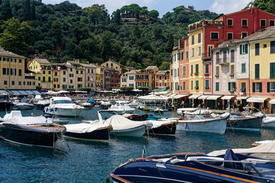 Boats moored in city
