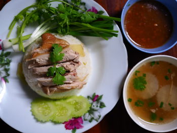 High angle view of meal served on table