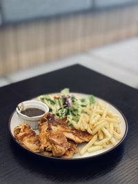 Close-up of meal served on table