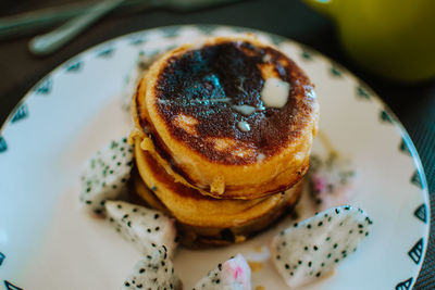 High angle view of cake in plate on table