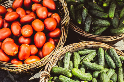 High angle view of vegetables in baskets