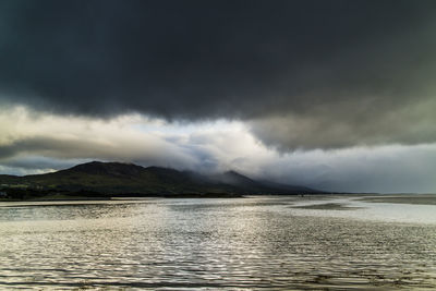 Scenic view of sea against storm clouds