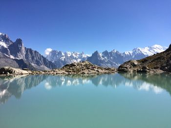 Panoramic view of lake and mountains against clear blue sky