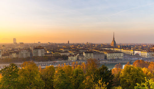 City skyline at sunset