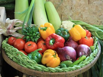 Close-up of bell peppers in basket