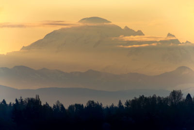 Scenic view of silhouette mountains against sky at sunset