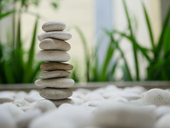 Close-up of stone stack on pebbles