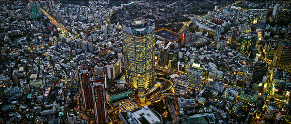 High angle view of modern buildings in city