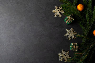 High angle view of christmas decorations on table