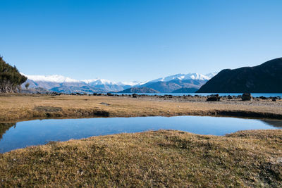 Scenic view of lake and mountains against blue sky