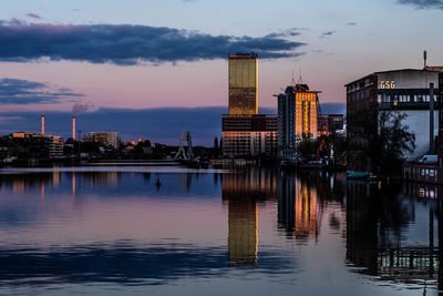 Buildings by river against sky during sunset