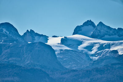 Scenic view of snowcapped mountains against clear blue sky