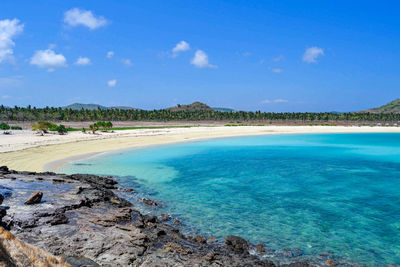 Scenic view of beach against blue sky