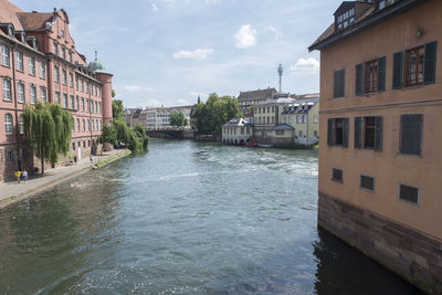 Canal in city against sky