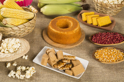 High angle view of breakfast on table