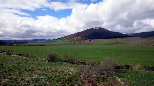 Scenic view of grassy field against cloudy sky