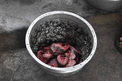High angle view of meat in container
