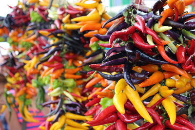 Various chili pepper hanging for sale at market stall