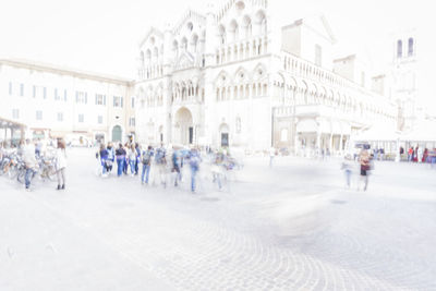 People in town square during winter