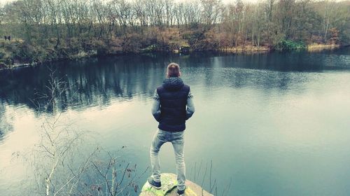 Rear view of man in lake