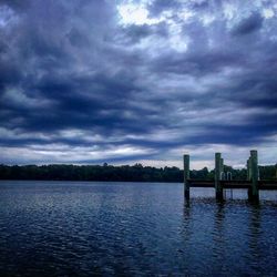 Scenic view of river against cloudy sky