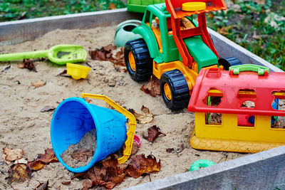 High angle view of toy car on sand