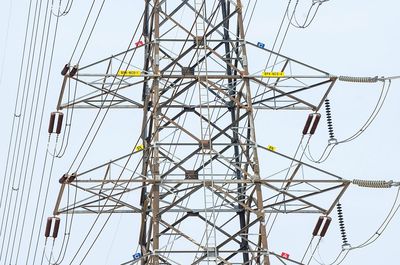 Low angle view of electricity pylon against sky