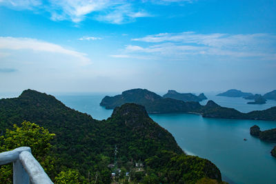 Scenic view of sea and mountains against sky