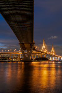 Large suspension bridge over chao phraya river at twilight