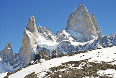 Low angle view of snowcapped mountains against clear sky