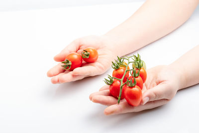 Cropped image of hand holding apple against white background