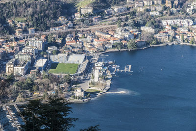 High angle view of river amidst buildings in city