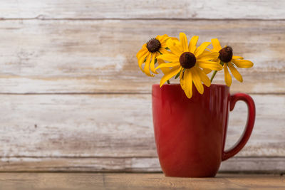 Close-up of yellow flower on table