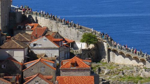 High angle view of buildings in city