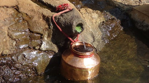 High angle view of ice cream on rock