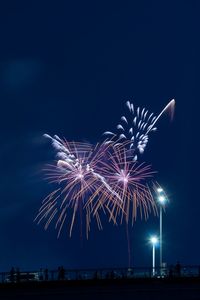 Low angle view of firework display at night