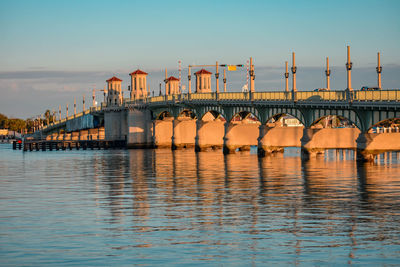 Bridge over river by buildings against sky during sunset