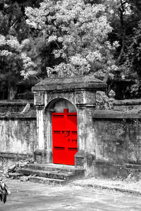 Red house against trees