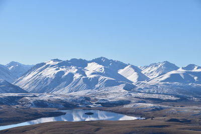 Scenic view of snowcapped mountains against clear sky