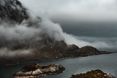 Scenic view of sea and mountain against sky