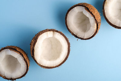 Coconut fruits in row on blue vibrant plain background, abstract food tropical concept