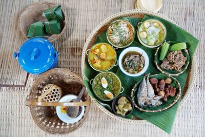 High angle view of food served on table