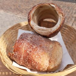 High angle view of bread in basket on table