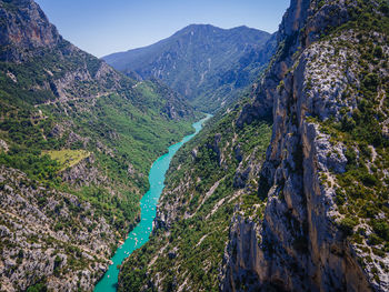 High angle view of panoramic shot of mountains against sky