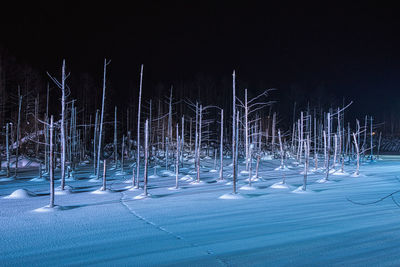 Snow covered field against sky at night