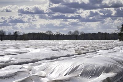 Scenic view of snow covered land against sky