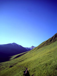 Scenic view of mountains against clear blue sky