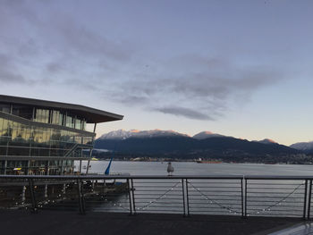 Scenic view of river by buildings against sky